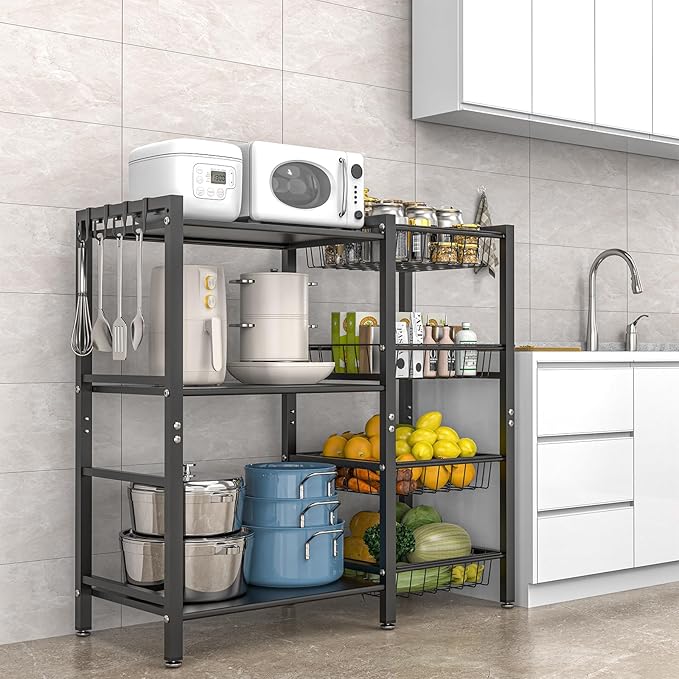 Storage Rack Kitchen Baker's Rack - 3 Tiers 4 Baskets, Utility Coffee Bar, Air Fryer Stand with Steel Mesh Baskets