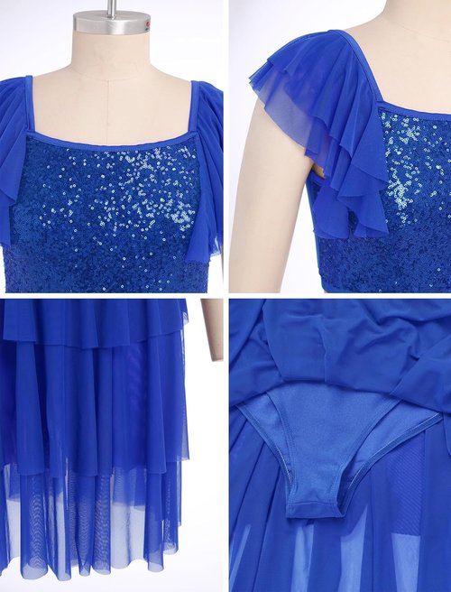 Lyrical Dance Dress - Women's Sparkly Sequins Crop Top with Tiered Chiffon Midi Skirt