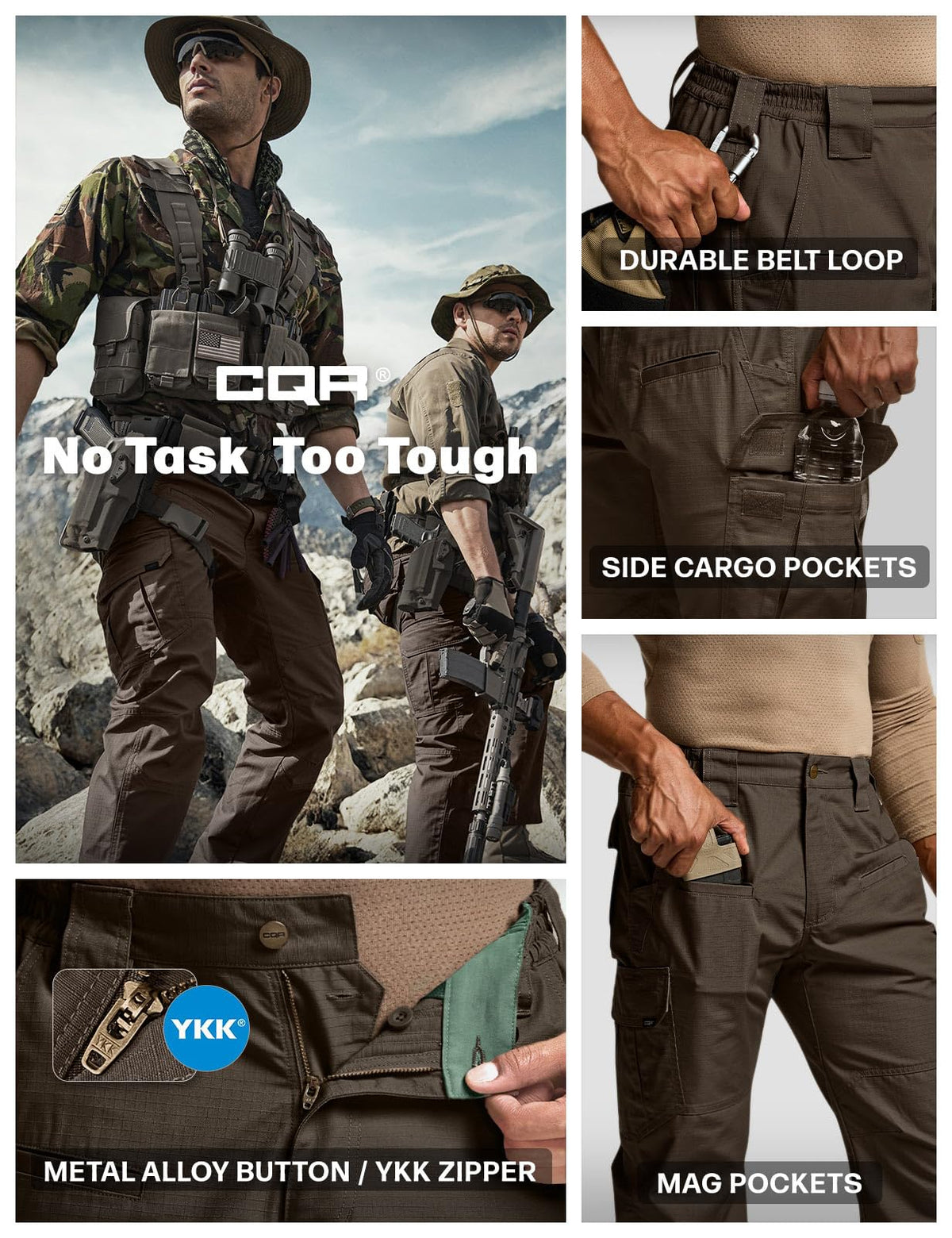 CQR Men's Tactical Pants, Water Resistant Ripstop Cargo Pants, Lightweight EDC Work Hiking Pants, Outdoor Apparel, Raider Dark Brown, 46W x 30L
