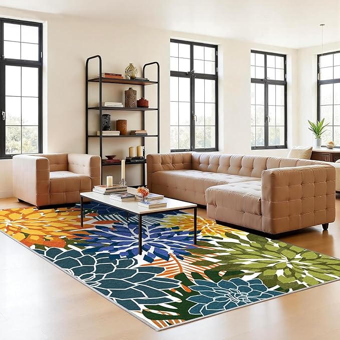 ZonLi Colorful Outdoor Rug 9x12Ft Waterproof Multicolored Indoor Area Rug Washable Outdoor Patio Rugs Tropical Floral Non Slip Outdoor Carpet for Living Room, Pool,Backyard,Deck,Camping