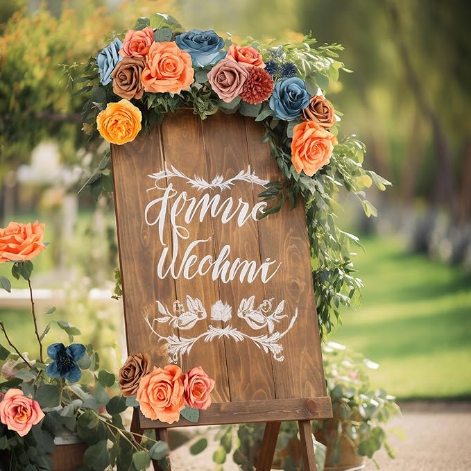 AGIRL Artificial Flowers Combo Silk Mix Teal Orange Fake Flower with Stems for DIY Wedding Bouquets Centerpieces Arrangements Table Chair Decor Baby Shower Home Decor (Teal Orange)