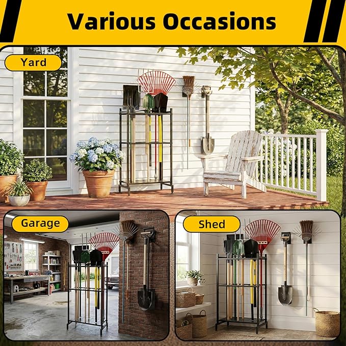 Garden Tool Organizer with 2 Pack Wall Mounted Racks, Holds 35+ Long-Handled Tools, Heavy Duty Metal Yard Tool Storage Stand for Garage, Shed & Outdoor Organization, Black