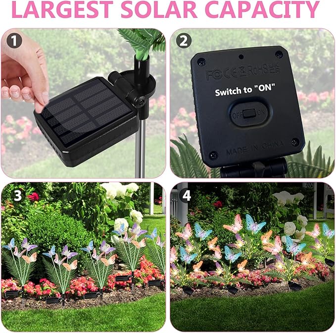 Solar Garden Lights 4 Pack Waterproof Decorative Solar Lights Outdoor with Glowing Stems,7-Color Changing ‎Fiber Optic Butterfly Light for Outside Yard Lawn Garden Decor, Gifts for Women