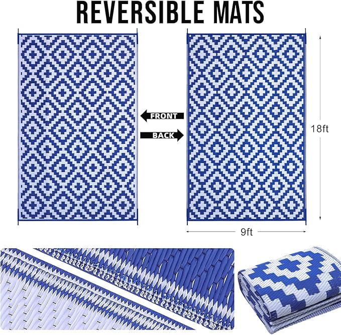 OLANLY Waterproof Outdoor Rug 9x18 ft, Outdoor Plastic Straw Rug for Camping, RV Mat Outside, Outdoor Carpet for Porch, Deck, Backyard, Balcony, Picnic, Blue & White