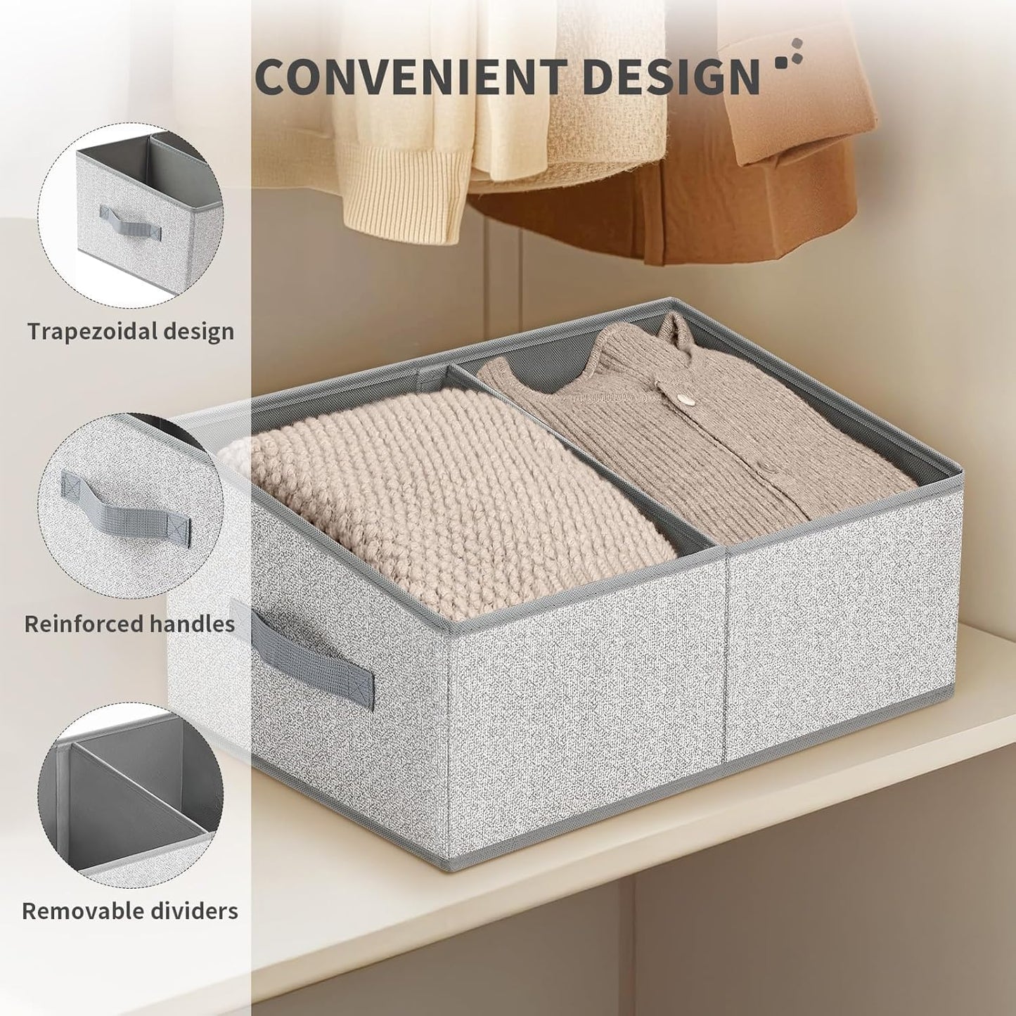 DIMJ Storage Baskets for Shelves 8 Packs - Large Trapezoid Closet Organizer Bins with Handles and Divider, Foldable Clothes Containers Box for Shelf, Towel, Book, Toy, Purse, Grey