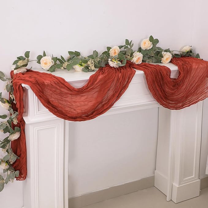 Snowkingdom 10 Ft Fall Thanksgiving Table Runner Terracotta Rust Cheesecloth Gauze, 120 inch Long Burnt Orange Boho Cheese Cloth for Wedding Bridal Shower Rustic Sheer Table Decorations