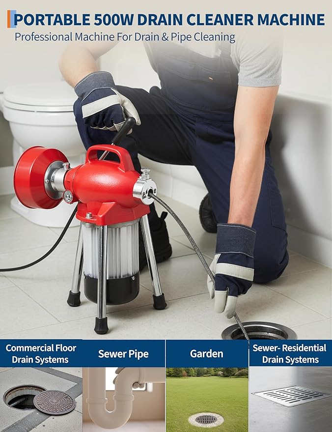 Portable Drain Cleaner Machine with 66FT x 5/8" & 16FT x 3/8" Steel Cables, 7 Cutters, Electric Sewer Snake Drain Auger, 500w Power Drain Cleaner Machine, Auto Feed Pipe Snake for 3/4" to 4" Pipes