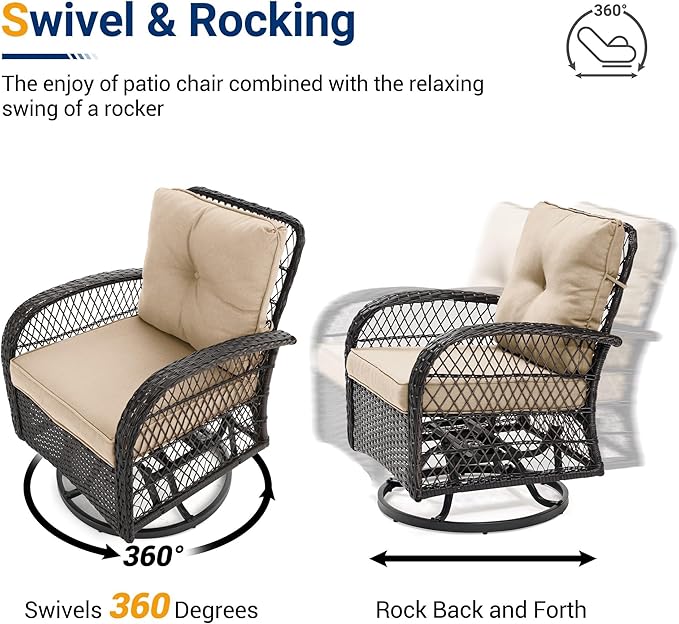 UDPATIO 3 Pieces Patio Furniture Set, Outdoor Swivel Rocker Patio Chairs Set of 2, All-Weather PE Wicker Glider Chairs with Thick Cushions and Glass Coffee Table，for Porch Deck Backyard Khaki