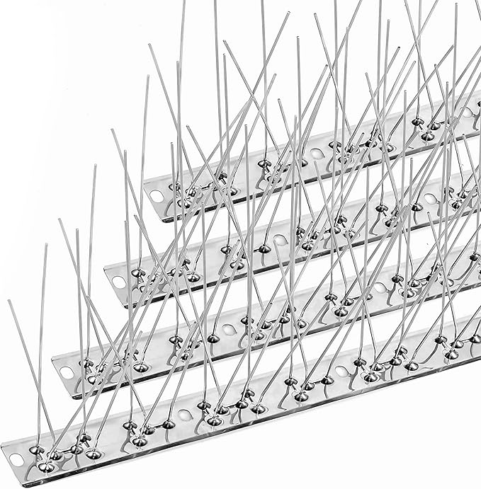 BUGGOFF Bird and Rodent Spikes, 4.5" Tall 10" Long Stainless Steel Anti-Bird Deterrent Strips, Silver, Professional Pest Control for Roofs, Fences, Ledges (100 Pieces / 83.3 Feet)