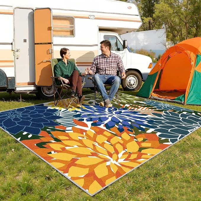 ZonLi Colorful Outdoor Rug 9x12Ft Waterproof Multicolored Indoor Area Rug Washable Outdoor Patio Rugs Tropical Floral Non Slip Outdoor Carpet for Living Room, Pool,Backyard,Deck,Camping