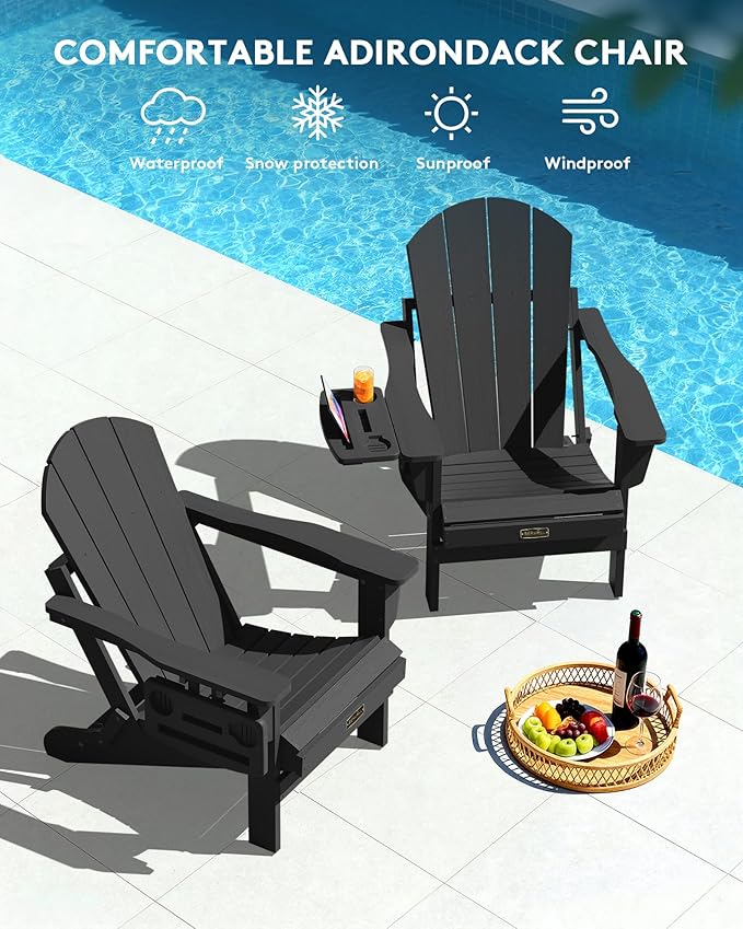 SERWALL Foldable Adirondack Chair Set of 2, Adirondack Chairs with 4 in 1 Multi-Functional Cup Holder, Weather Resistant Plastic Chair for Patio Garden Outdoors Fire Pit-Blue