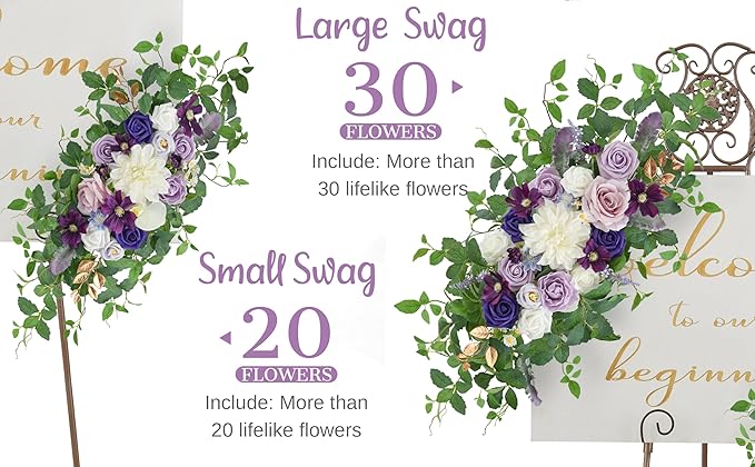 Wedding Arch Flower Kit of 2 - Artificial Flower Swag Wedding Welcome Sign Decorative Floral Swags for Wedding Reception Ceremony Signs Wedding Chair Ceremony Floral Decor (Lilac & Ivory)