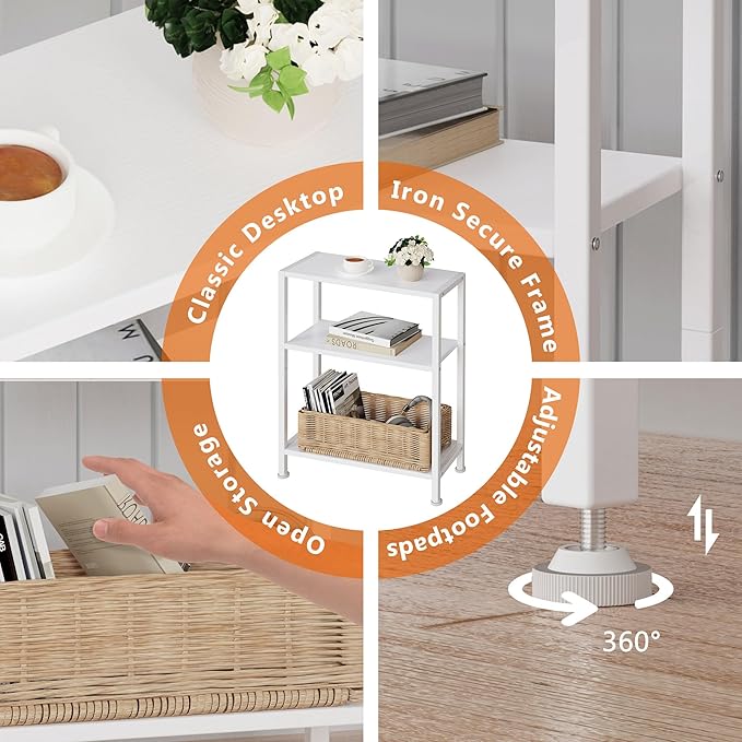 3-Tier Side Table Set of 2, Small End Table, Sofa Side Table for Narrow Spaces, Slim End Table, Nightstand Table, for Living Room Bedroom Office, White