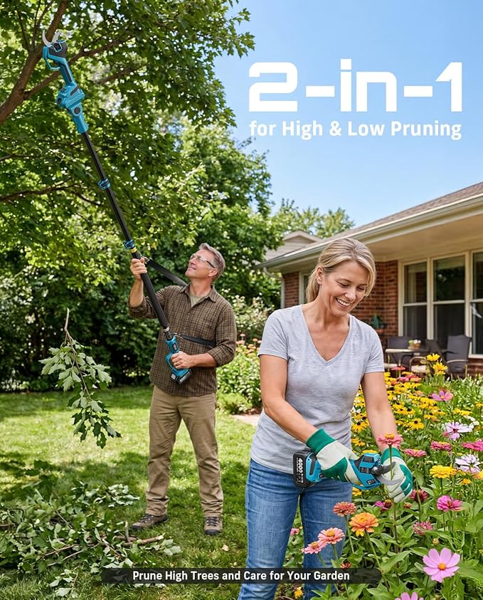 SEESII 2-in-1 Pole Pruning Shears: 2.2" Cutting Diameter Cordless Electric Pole Pruners, 2*4000mAh Batteries, Brushless Motor, Extra SK5 Blade, 4 Mode Adjustable Garden Shears for Tree Flower Trimming