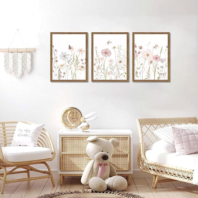 Framed Wildflower Wall Art Set of 3, Vintage Flower Botanical Paintings