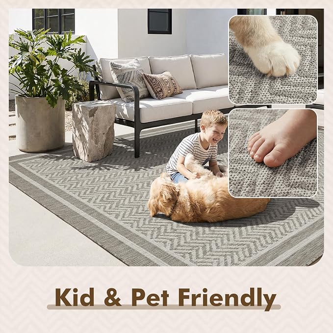 MontVoo-Outdoor Rug-Patio Rug 6x9 Polypropylene Indoor Outdoor Rugs Outdoor Carpet for Patio Deck Balcony Porch, Textured Weave, Durable for High Traffic, Fade-Resistant, Boho Farmhouse Silver Grey