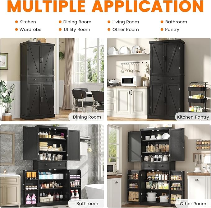 72" Tall Kitchen Pantry Cabinet, Black Pantry Storage Cabinet with Adjustable Shelves, Barn Doors and Drawer, Farmhouse Cupboard for Kitchen, Dining Room, Bathroom (16" D x 30" W x 72" H)
