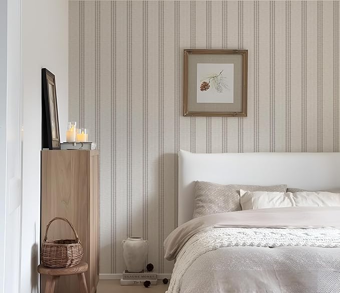 RollsRolla Modern Brown and White Striped Peel and Stick Wallpaper, French