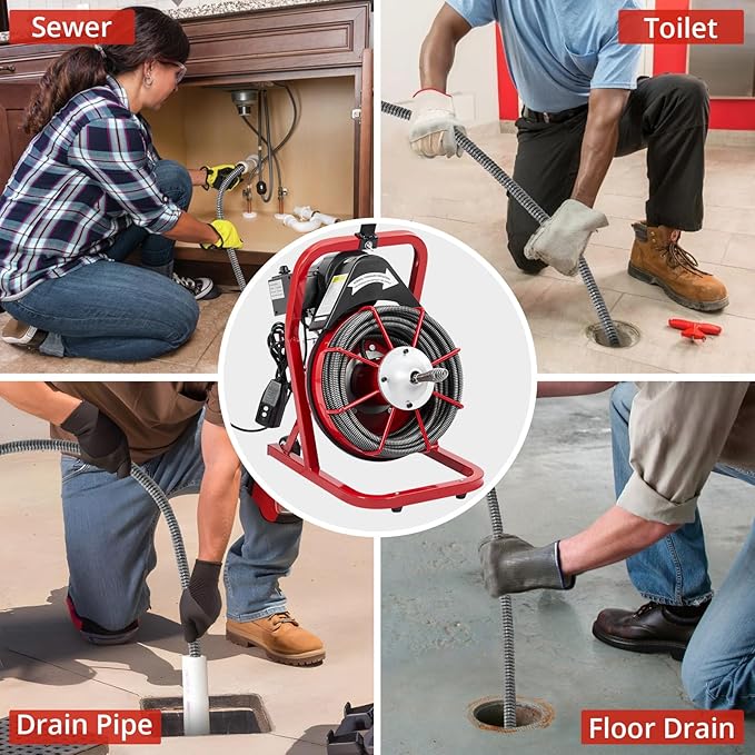 Garvee K-300K 1/2 in 75 ft 1 Red & Black Electric Drain Cleaner Machine - Automatic Auger for 1 to 4 in Pipes, Portable Design, 4 Cutters, Foot Switch Control, and Includes Gloves.