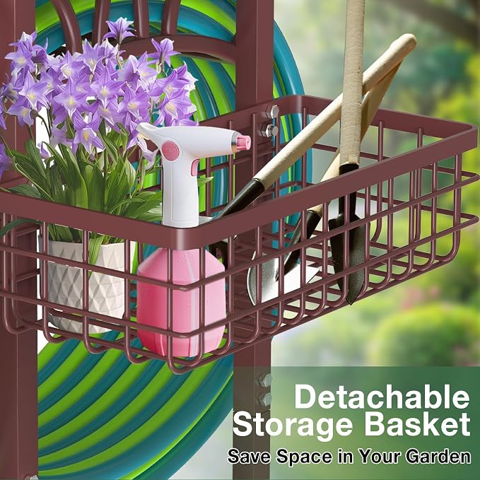 Qatsrin Upgraded Garden Hose Holder with Large Basket, Heavy Duty Water Hose Holder Supports 160-ft Hoses, Freestanding Detachable Hose Stand Storage Reel Hanger Rack for Yard Lawn Farm, Bronze