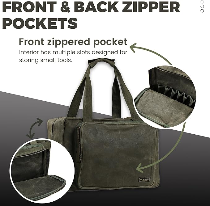Tool Tote | Heavy Duty 16oz Waxed Canvas Tool Storage Bag - Portable 3 Pockets Tote Bag with Padded Handle& Metal Zipper, for Craftsman Gardener Carpenter Mechanic | 15.5"L x 7.5"W x 11.5"H