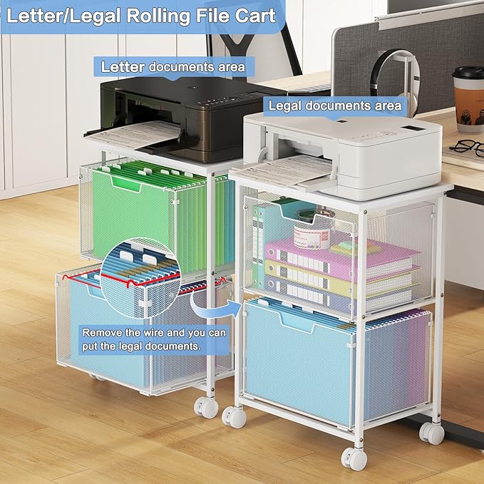Letter/Legal Rolling File Cabinet, Rolling File Cart with 2 Drawers Filing Cabinet for Home Office, Hanging File Folders Organizer for Under Desk Storage, Mobile Printer Stand, White