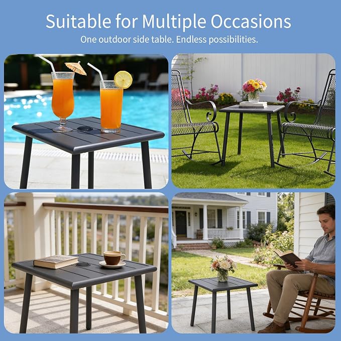 Small Metal Outdoor Side Table with Umbrella Hole, Sqaure Patio Coffee Bistro Table End Table, Umbrella Table with Hole for Poolside Backyard Porch Deck Balcony,19.7x19.7 inches, Gray