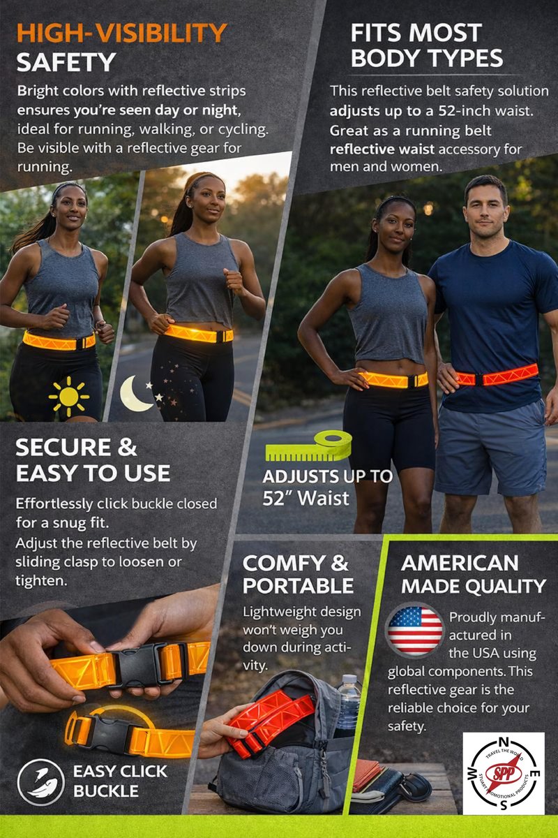 Stuart Promotional Products Purple Reflective Running Belt for High Visibility Safety - Adjustable Reflective Belt for Running, Walking, Cycling, Military & PT Gear