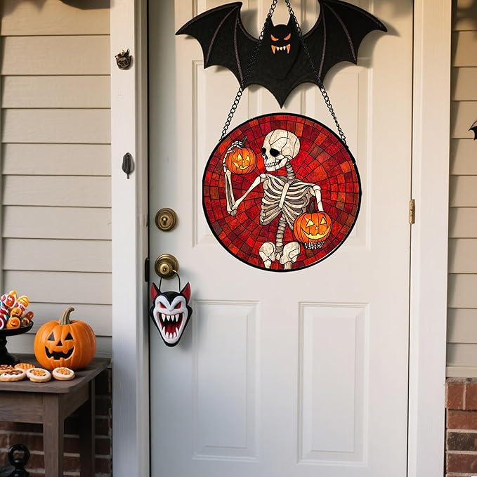 Stained Glass Window Hanging - Halloween Decorations Skeleton Pumpkin Suncatcher for Doors Garden Indoor Spooky Funny Sun Catchers Gothic Decor Horror Gifts for Women Men Friend 6.3 in