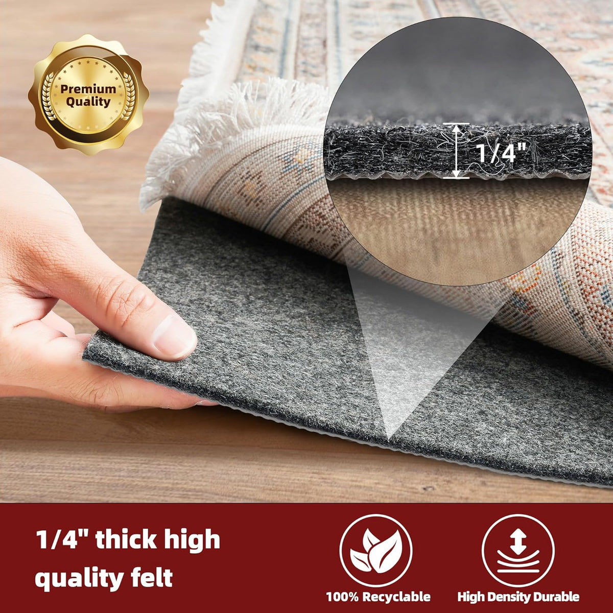 BAGAIL Felt and Natural Rubber Backing Rug Pads 1/4” Thick, Round 4 Ft Non Slip Carpet Gripper Keep Rugs in Place, Under Area Rug Protective Cushioned Pads, Carpet Runners, Hardwood Floors Protection