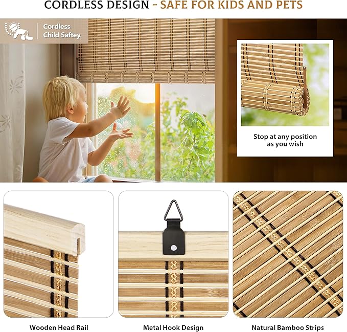 LazBlinds Cordless Bamboo Blinds, Roll Up Shades