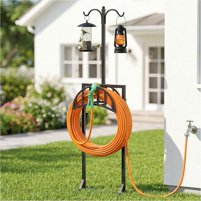 Garden Hose Holder, Water Hose Stand for Outside with 4 Stake and 2 Shepherds Hooks, Freestanding Hose Storage Holds 150Ft, Heavy-Duty Metal Hose Hanger Rack for Yard, Lawn, Farm