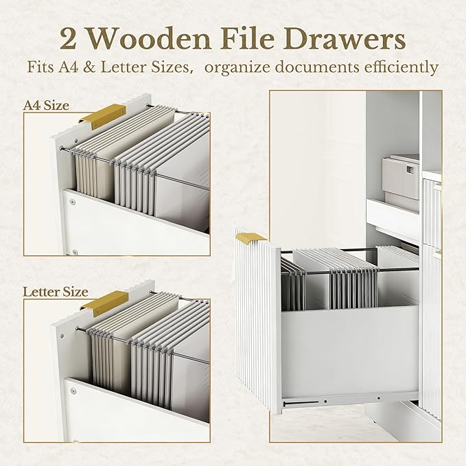 3 Drawer File Cabinet, Fluted Wood Lateral Filing Cabinet with Charging Station for Home Office, Fits for A4/Letter-Sized Files, Printer Stand with Open Storage Shelves, White