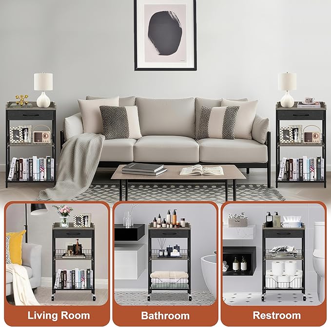 4-Tier Tall Side Table with Optional Wheels, Narrow End Table with Drawer and Shelves, 30" High Small Storage Table for Living Room, Bedroom, Bathroom, Black & Grey
