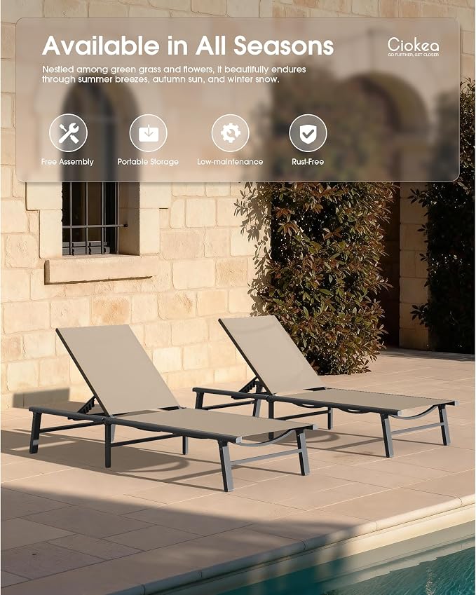 Ciokea Foldable Outdoor Lounge Chair Set of 4, No Assembly Aluminum Chaise Lounge Outdoor with 5-Positions, Aluminum Pool Lounge Chairs with Portable Design for Pool, Deck, Beach, Patio (Khaki)