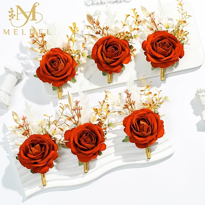 Meldel Burnt Orange Wrist Corsage and Boutonniere Set, Flower On Wrist for Bride Bridesmaid Wedding, Boutonniere for Men Groom Groomsman Wedding Accessories Prom Party Suit Decorations