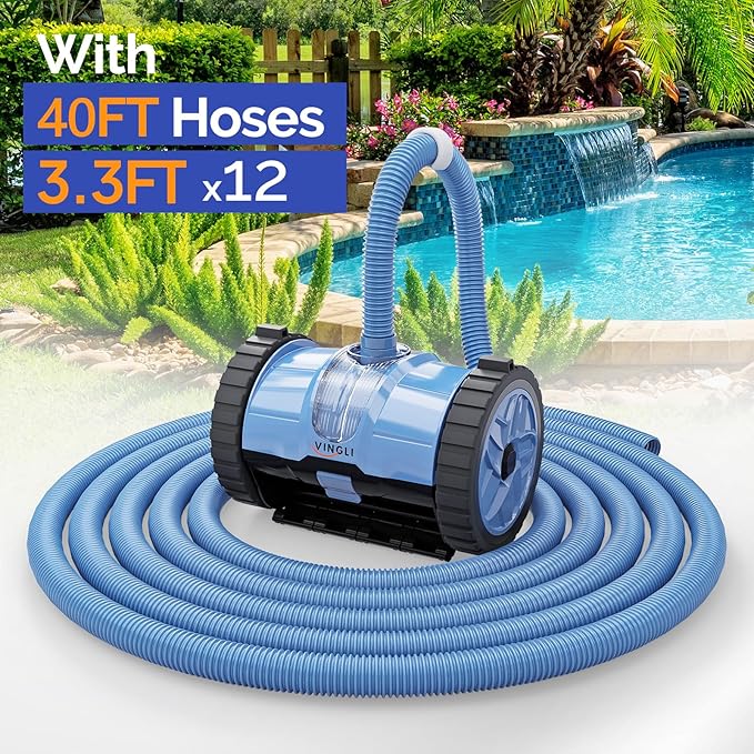 VINGLI Pool Vacuum Cleaner, Automatic Pool Sweeper for Ground&Inground Pools, Suction Side Wall-Climbing Sweeper with 39.6ft Tangle-Free Hose (Memory Blue&Gray)