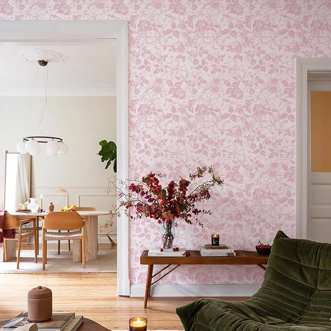 JiffDiff Floral Vintage Wallpaper Peel and Stick，Pink Rose Wallpaper Removable