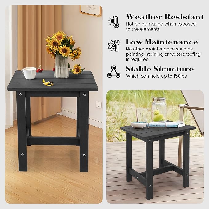 Meluvici Outdoor Side Table, Small Adirondack Side Table for Adirondack Chair - Indoor Outdoor End Table - HDPS (Black)