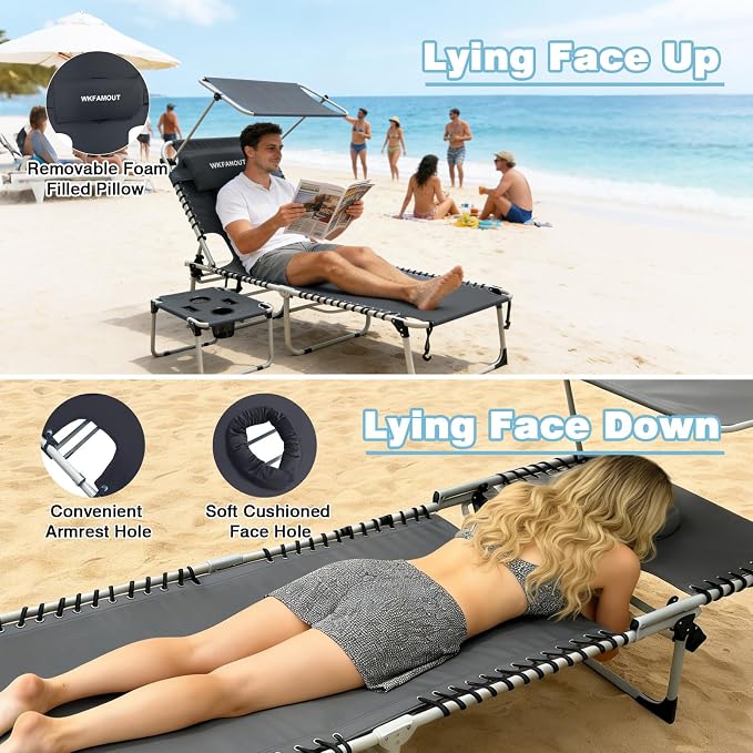 Outdoor Tanning Chair with Sun Canopy Shade & Face Hole, Folding Lounge Chair with Beach Table and Carry Bag for Poolside Sunbathing Lawn