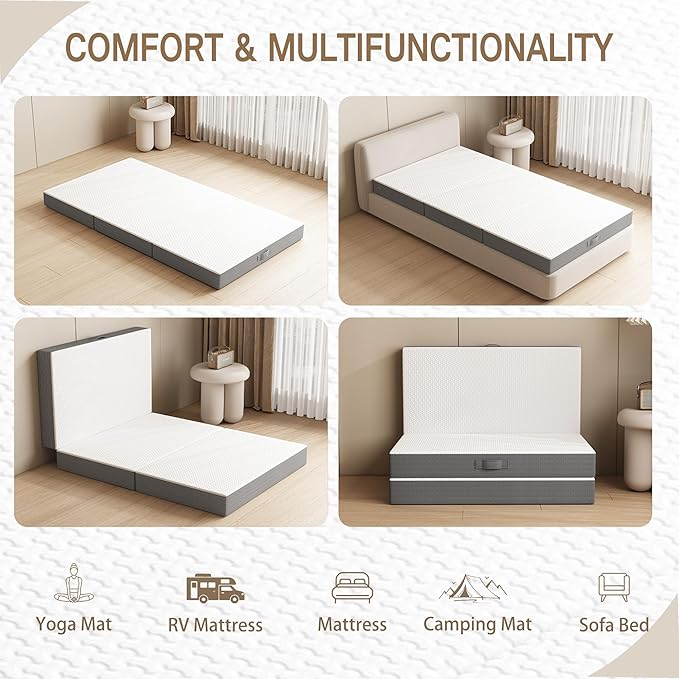 Tri-Fold Memory Foam Mattress, 4 inch Twin Folding with Washable Covers, Reversible Design, Foldable Topper for Travel&Guests, 75"×38"×4"