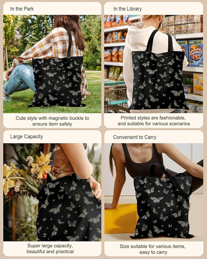 Miss Adola Canvas Tote Bag for Women – Aesthetic Canvas Bag with Zipper Cute Stylish Reusable Shoulder Totes for Shopping Work Daily Vacation, Black Butterfly