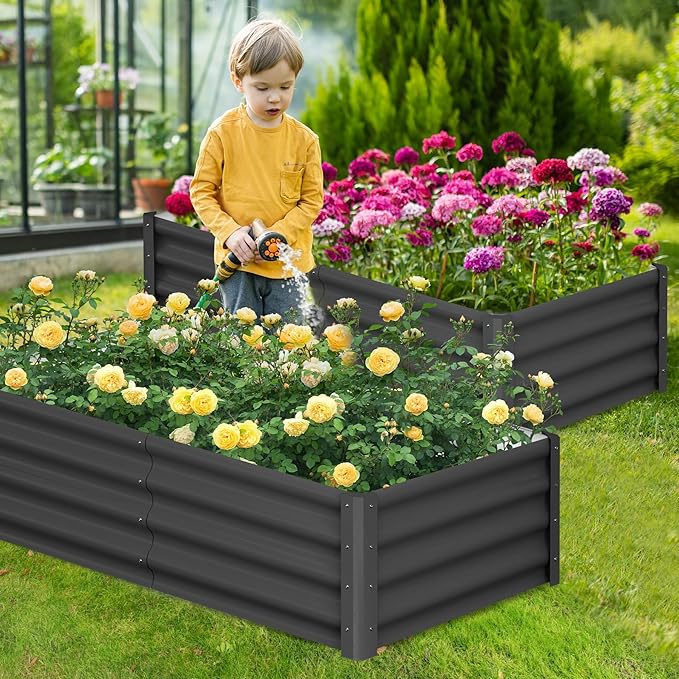 GarveeHome 6 * 3 * 1FT Raised Garden Bed Kit, Galvanized Raised Garden Beds Outdoor for Gardening, Above Planter Boxes, Large Garden Bed for Vegetables, Fruits, Dark Grey, 2 Pcs