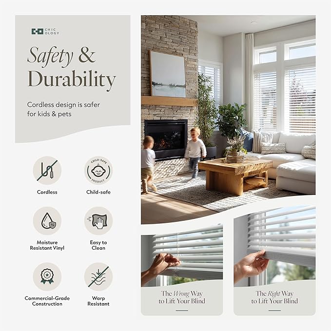 CHICOLOGY Cordless Mini Blinds for Indoor Windows, 27.75" W x 84" H, Light