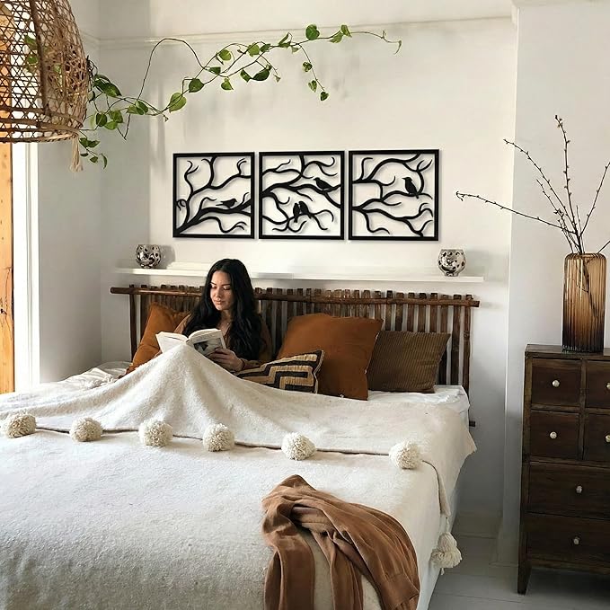 DEKADRON Metal Wall Art, Birds on Branch 3 Pieces Decor, Metal Tree Wall Art, Tree Sign, Metal Wall Décor, Interior and Outdoor Decoration, 3 Panels Wall Hangings (91" W x 30" H / 232x75cm)