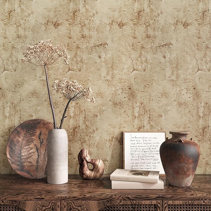 VEELIKE Aged Tan Concrete Wallpaper Peel and Stick Textured Distressed Concrete