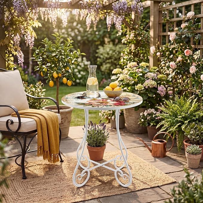 Cinnvoice 14 Inch Outdoor Side Table Round Small Patio Accent Weather Resistant Metal Elegant Indoor End Plant Coffee Tea Table for Yard Patio Outdoor Porch Garden Living Room(Watercolor Butterfly)