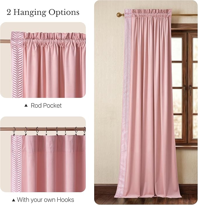 NICETOWN Rod Pocket Embroidered Trim Velvet Curtains, 2 Panels, Blush Pink