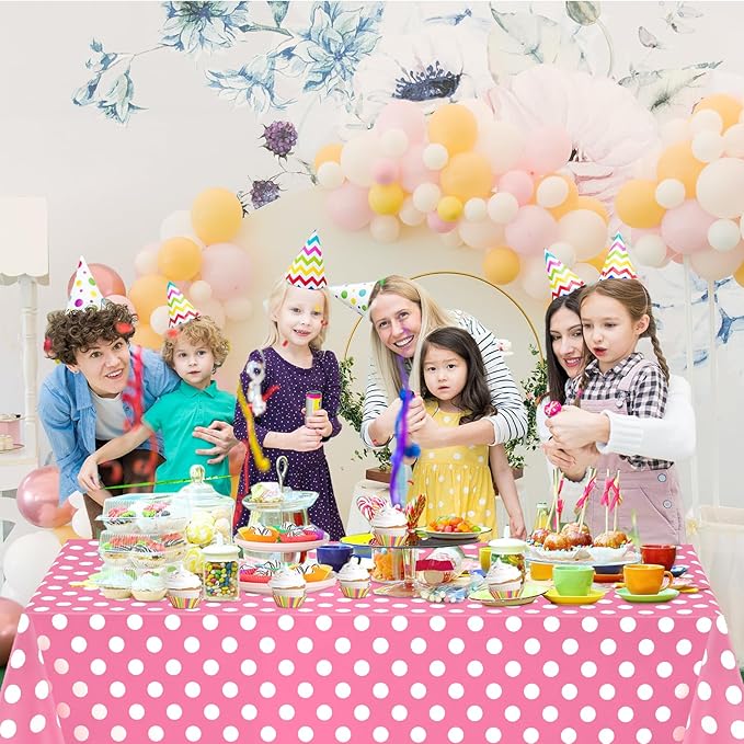 WNINK 4 Pack Pink and White Polka Dot Tablecloths – Pink Disposable Plastic Waterproof Table Cover, 54" x 108", for Birthday, Wedding, Bridal Shower, Bachelor, Pink Girl Party, and Picnic