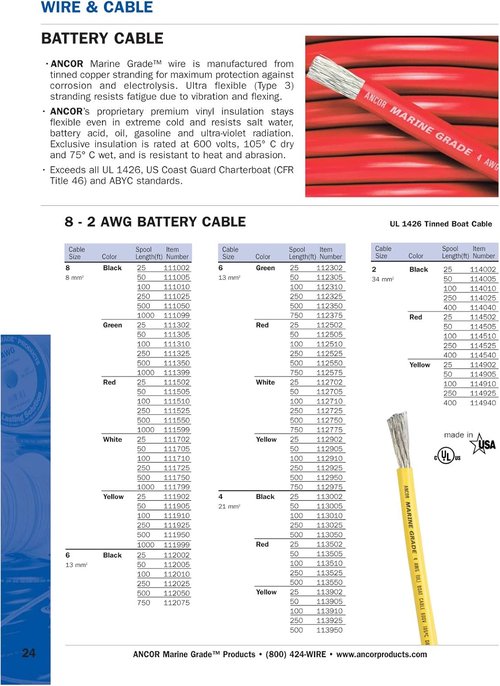 Ancor 117502 Tinned Copper Battery Cable - 2/0 AWG (62mm²), Red, 25ft Length for Reliable Power